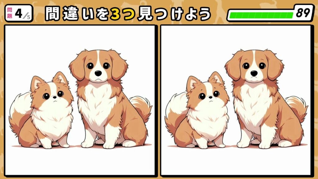 #188　問題4　間違い探し　茶色と白の同じような色をした犬二匹