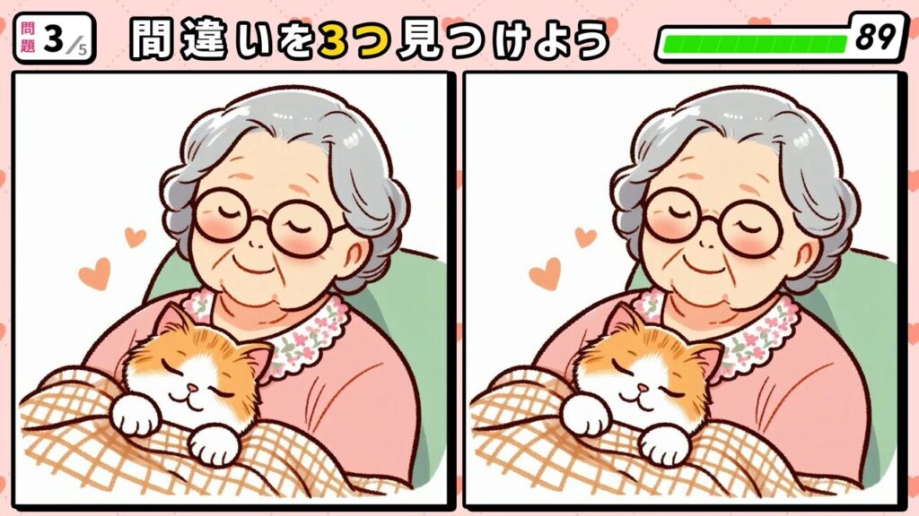 #189 問題3 間違い探し 猫と一緒に寝ているお婆ちゃん