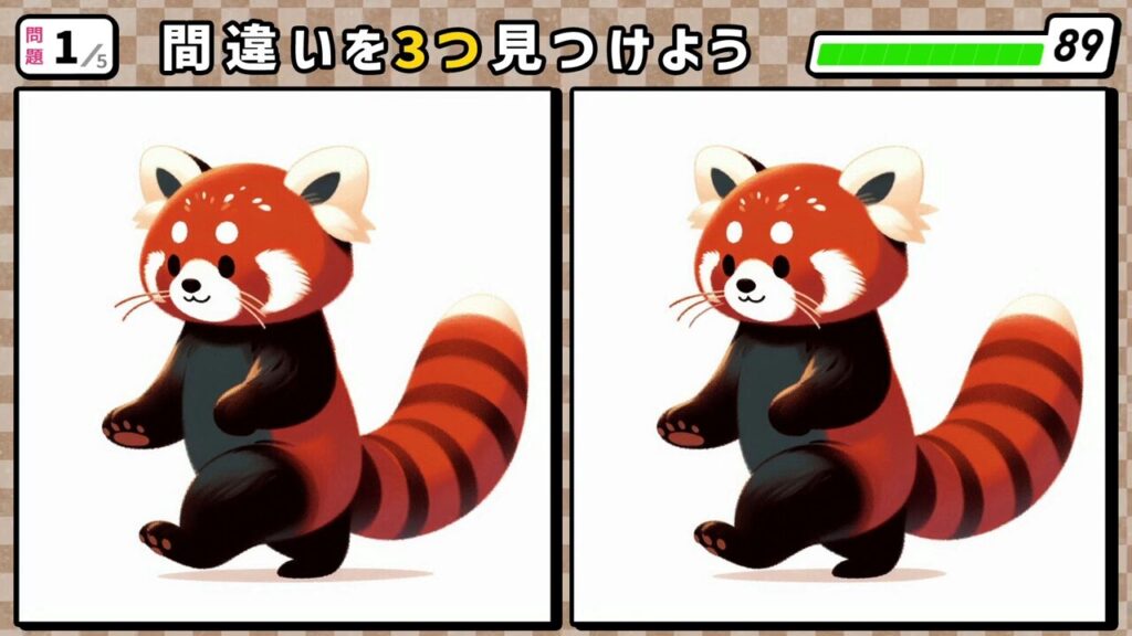 #13　問題1　間違い探し　二足歩行で歩くレッサーパンダ