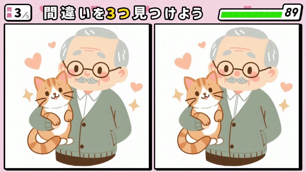 #13　問題3　間違い探し　猫を片腕で抱っこしている猫好きなお爺さん