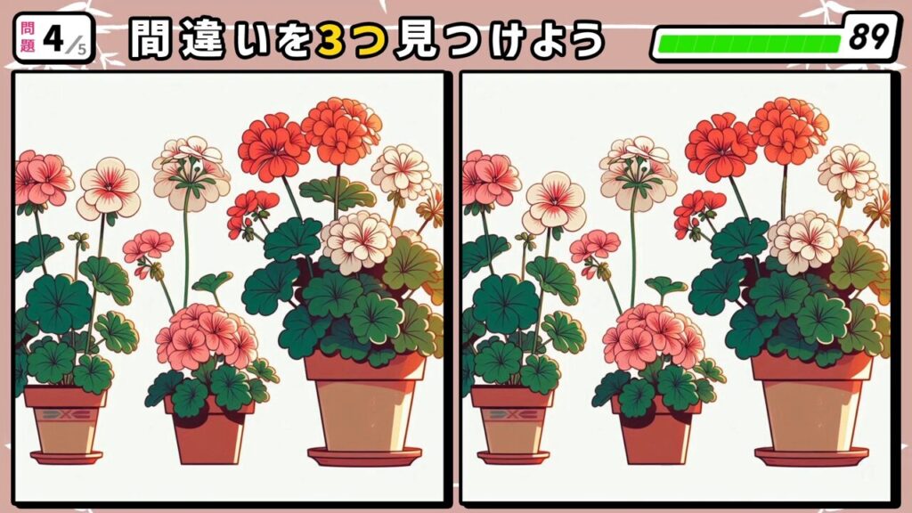 #23　問題4　間違い探し　3個の植木鉢に植えられたお花