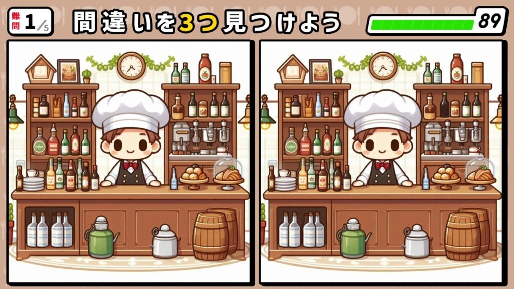 #難題3　問題1　間違い探し　バーのカウンターとマスター