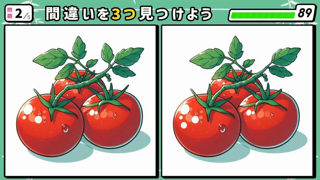 #206　問題2　間違い探し　濡れたみずみずしいトマト