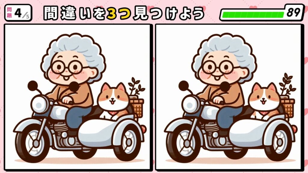 #214 問題4 間違い探し バイクに乗るお婆ちゃんとサイドカーの猫