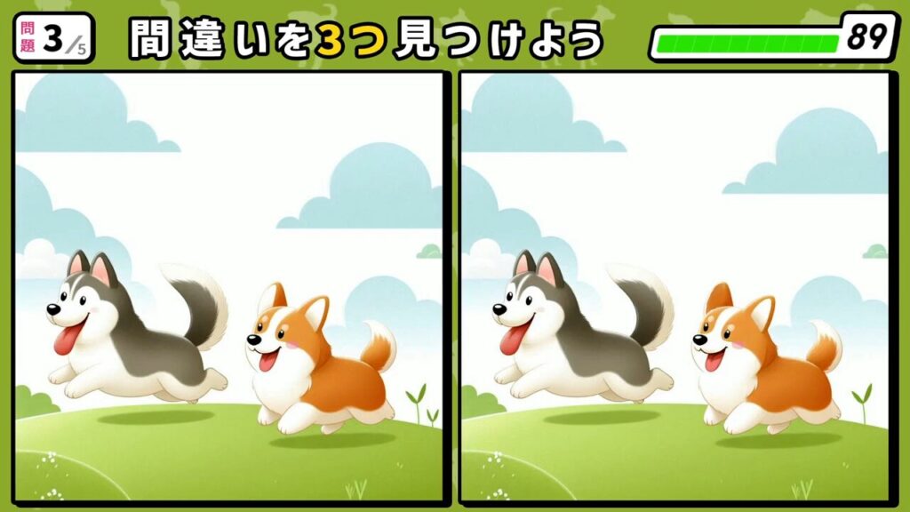 #217　問題3　間違い探し　駆けっこしているシベリアンハスキーとコーギー