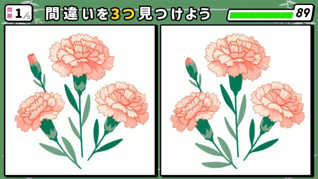 #227 問題1 間違い探し 薄ピンク色の3本のカーネーション