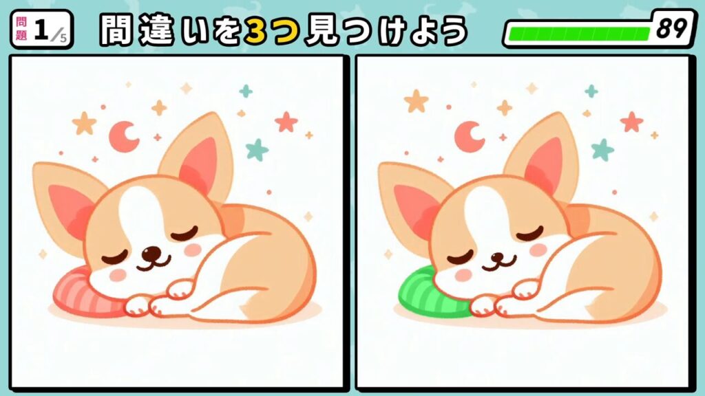 #240 問題1 間違い探し クッションで寝ている犬(チワワ)