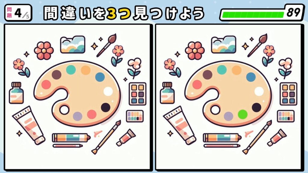 #242　問題4　間違い探し　絵具が置かれたパレットと、その周りに沢山の画材・お花