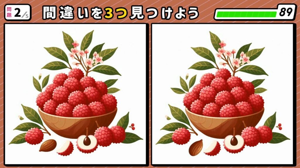 #246 問題2 間違い探し お皿いっぱいに盛られたライチ