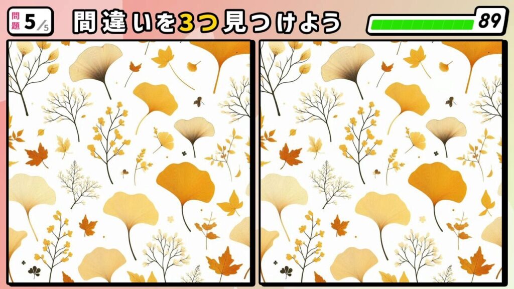 #249　問題5　間違い探し　イチョウや紅葉の落ち葉や枯れ枝がたくさん並んでいる