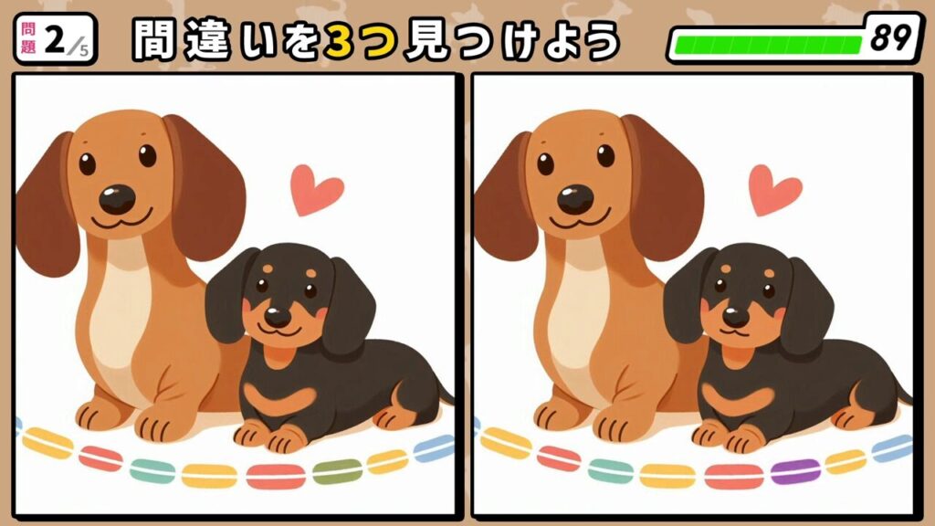 #253　問題2　間違い探し　大小2匹のダックスフントが並んで伏せのポーズをしている
