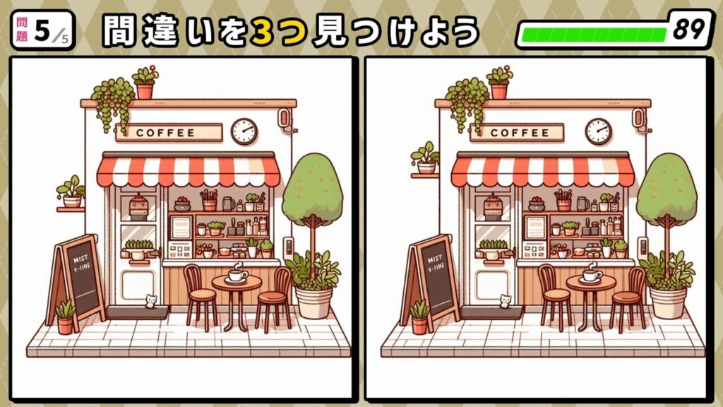 #273 問題5 間違い探し 小さな喫茶店の外観。入り口付近に看板やイートイン席がある